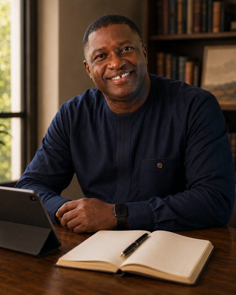 Kenny Fasipe at his desk with an open notebook.